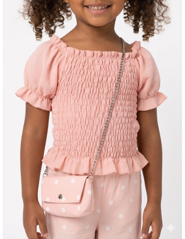 ENSEMBLE TOP + PANTALON + SAC ASSORTI À POIS ROSE – FILLE