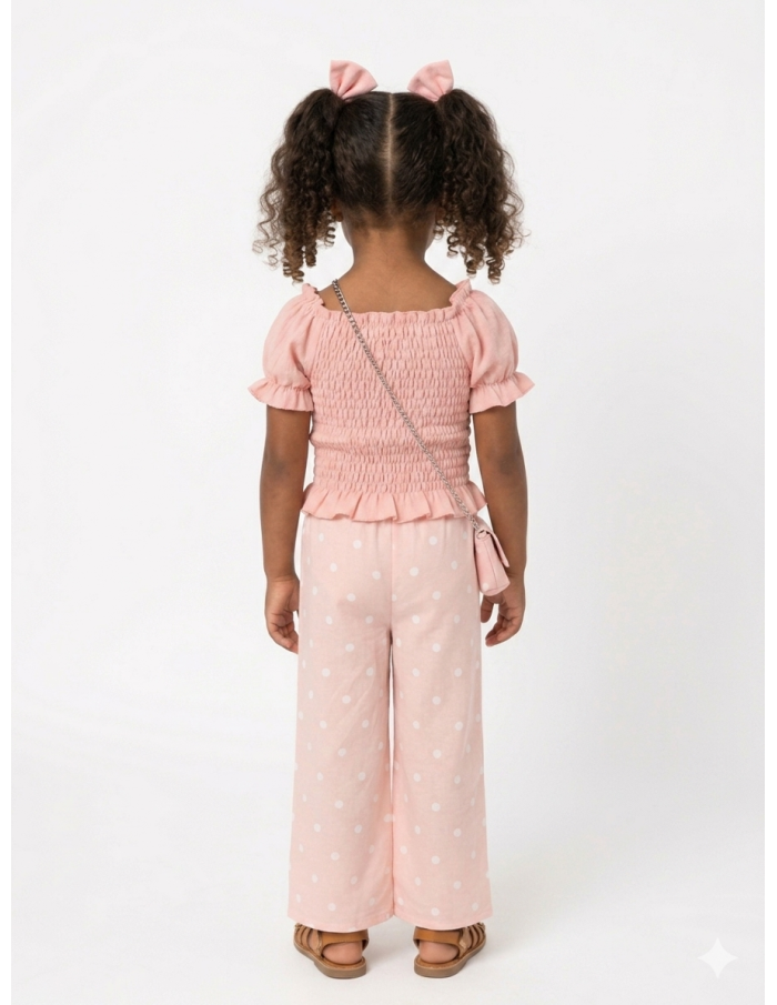 ENSEMBLE TOP + PANTALON + SAC ASSORTI À POIS ROSE – FILLE