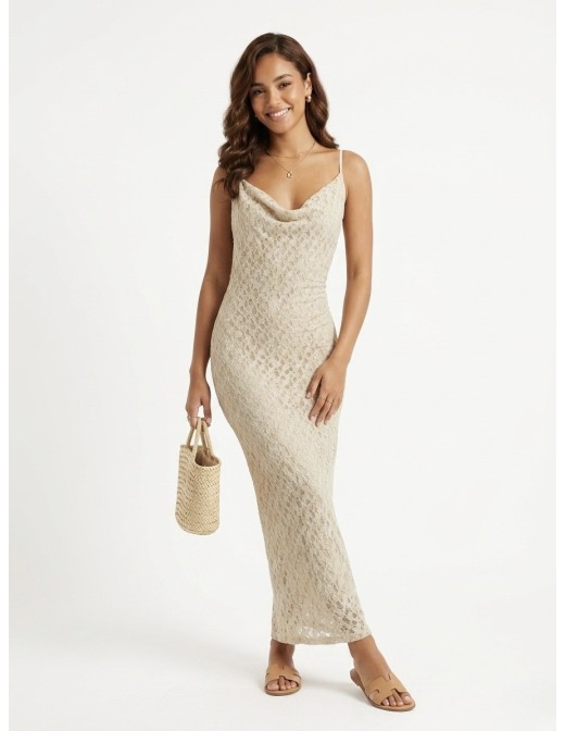 Robe longue à col bénitier beige/écru - FEMME