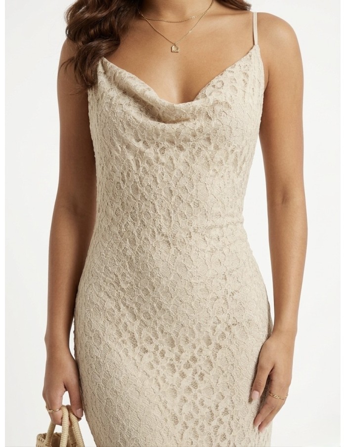 Robe longue à col bénitier beige/écru - FEMME