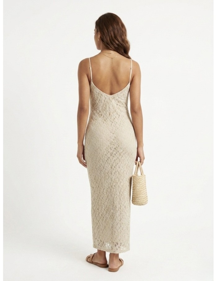 Robe longue à col bénitier beige/écru - FEMME
