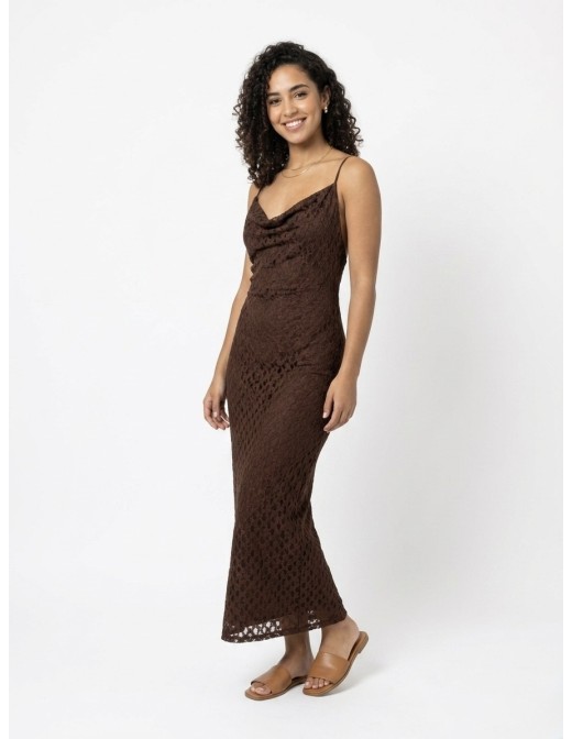 Robe longue à col bénitier chocolat - FEMME