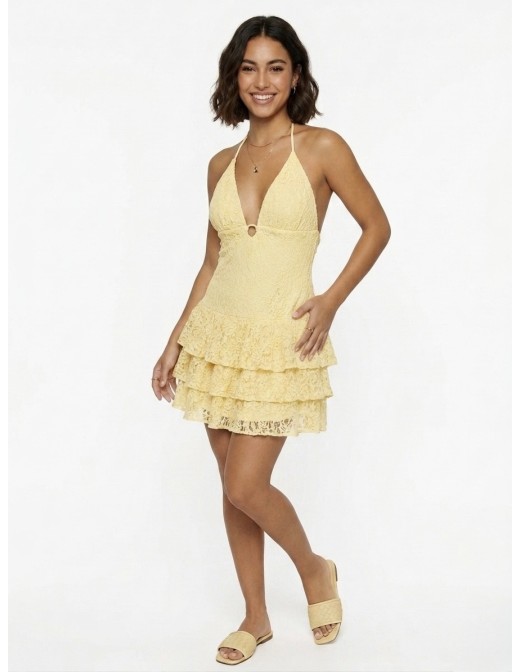 Robe Courte à Volants & Dentelle Jaune - FEMME