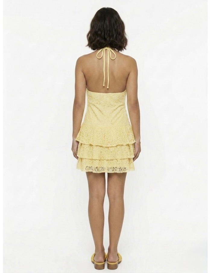 Robe Courte à Volants & Dentelle Jaune - FEMME