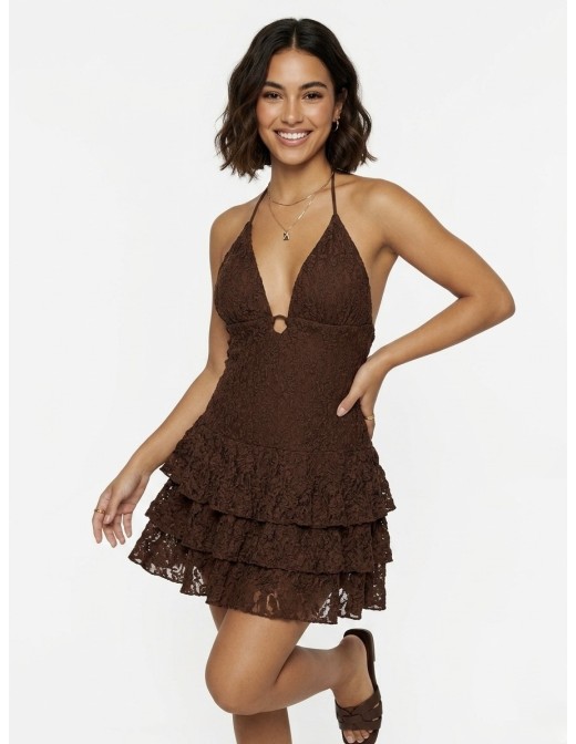Robe Courte à Volants & Dentelle Chocolat - FEMME