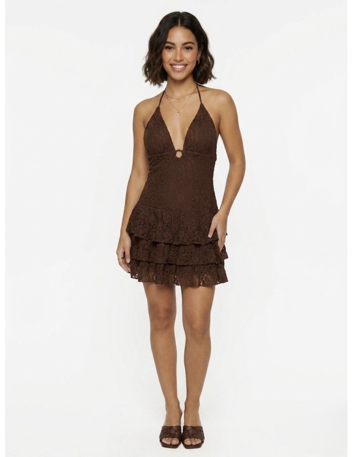 Robe Courte à Volants & Dentelle Chocolat - FEMME