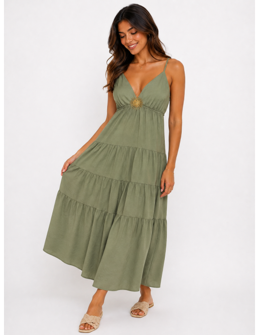 Robe Longue à Détail Soleil Kaki - FEMME