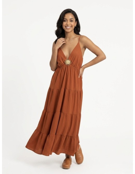 Robe Longue à Détail Soleil Terracota - FEMME