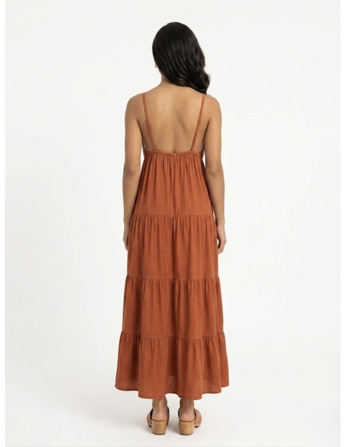 Robe Longue à Détail Soleil Terracota - FEMME