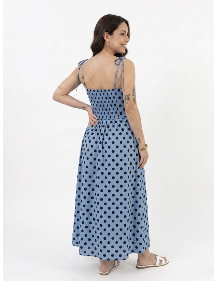 Robe Longue à bretelles à pois bleu - FEMME