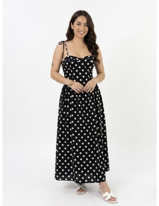 Robe Longue à bretelles à pois noir - FEMME