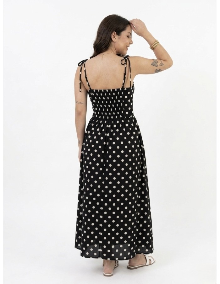 Robe Longue à bretelles à pois noir - FEMME