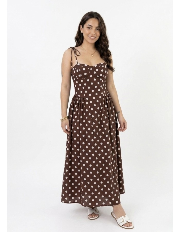 Robe Longue à bretelles à pois chocolat - FEMME
