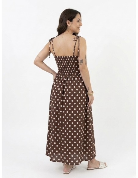 Robe Longue à bretelles à pois chocolat - FEMME