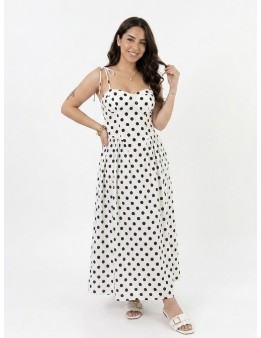 Robe Longue à bretelles à pois blanche - FEMME