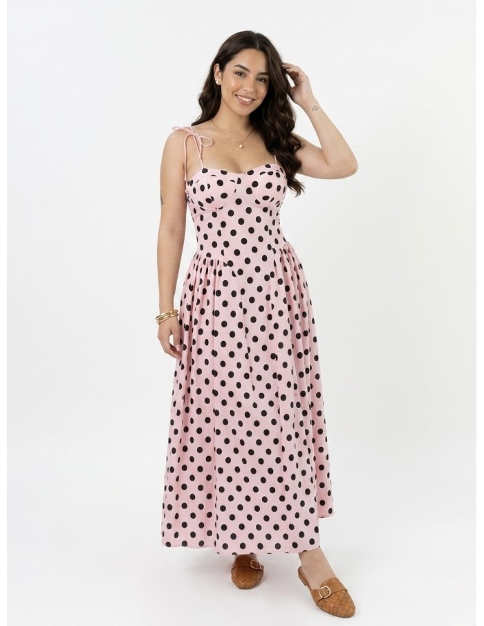 Robe Longue à bretelles à pois rose - FEMME