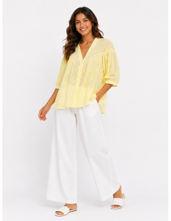 CHEMISIER À BRODERIES JAUNE PASTEL - FEMME
