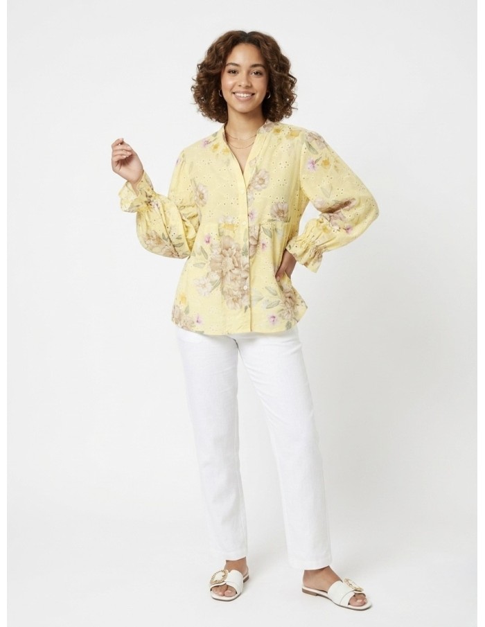 CHEMISIER FLEURI À BRODERIES JAUNE - FEMME