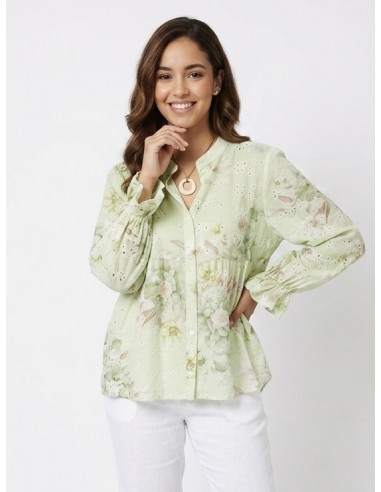 CHEMISIER FLEURI À BRODERIES VERT -...