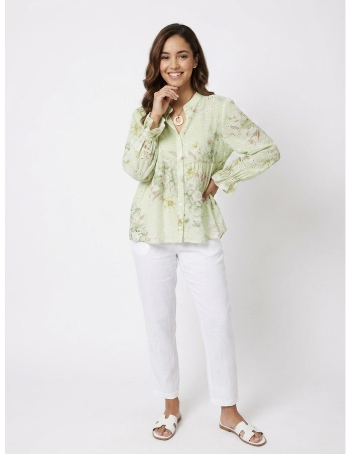 CHEMISIER FLEURI À BRODERIES VERT - FEMME