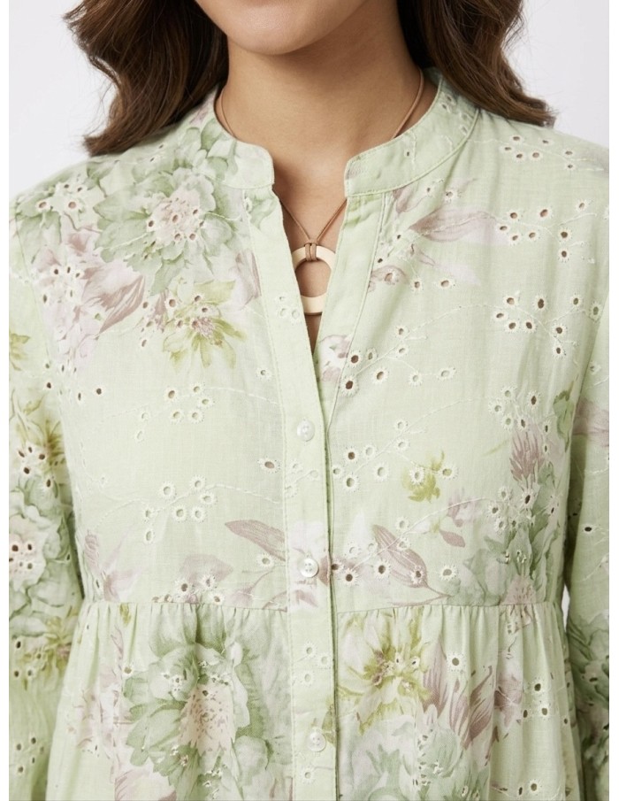 CHEMISIER FLEURI À BRODERIES VERT - FEMME