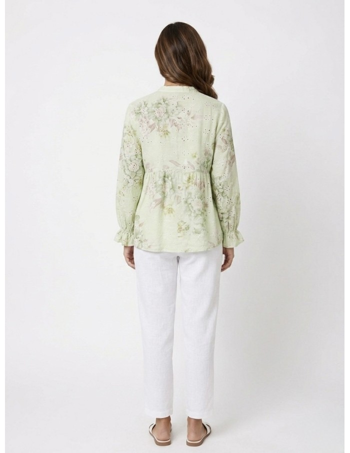 CHEMISIER FLEURI À BRODERIES VERT - FEMME