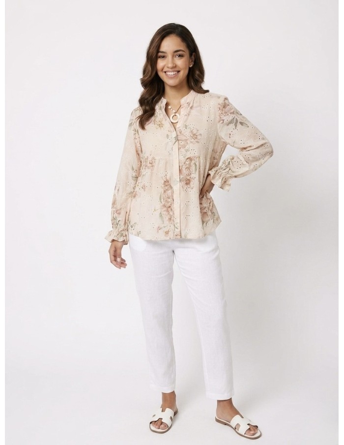 CHEMISIER FLEURI À BRODERIES ROSE - FEMME