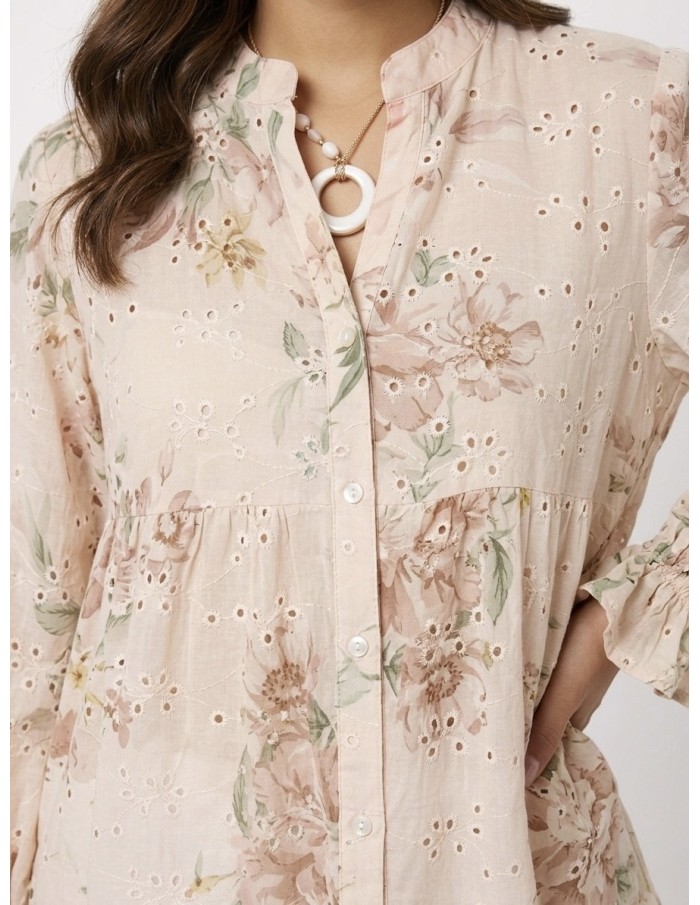 CHEMISIER FLEURI À BRODERIES ROSE - FEMME