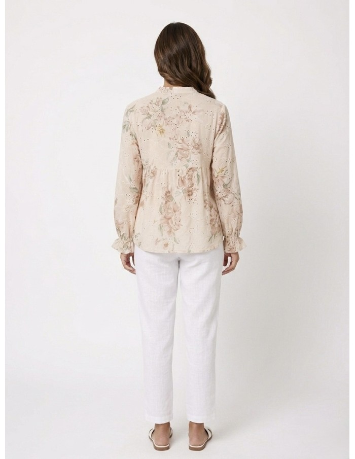 CHEMISIER FLEURI À BRODERIES ROSE - FEMME