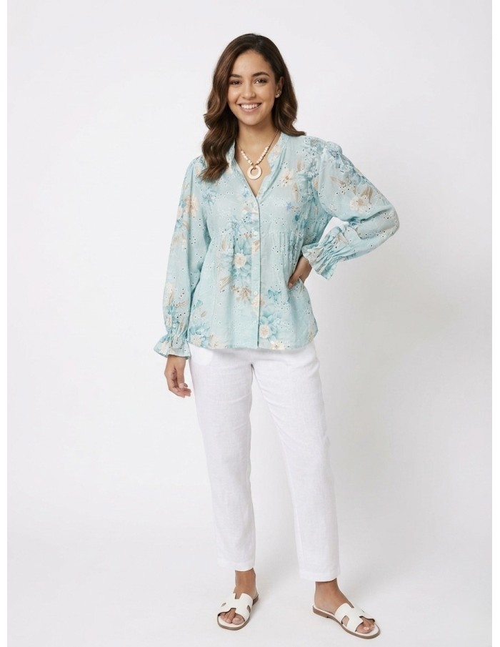 CHEMISIER FLEURI À BRODERIES BLEU - FEMME