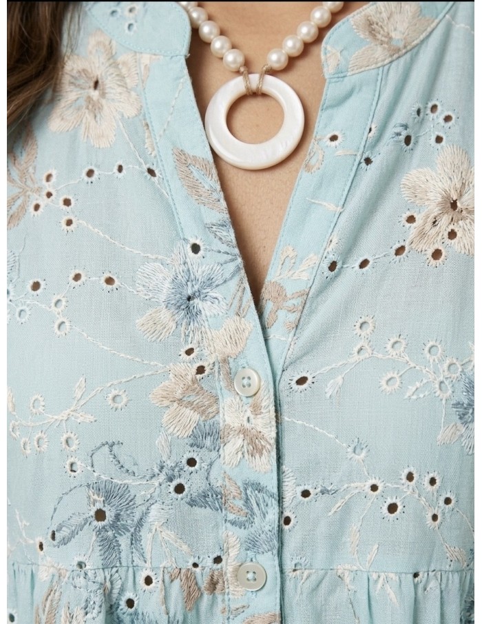 CHEMISIER FLEURI À BRODERIES BLEU - FEMME