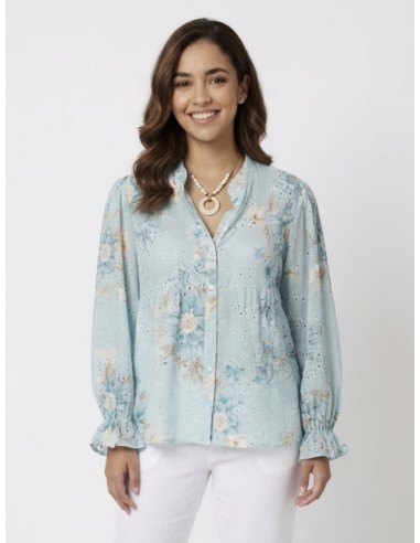 CHEMISIER FLEURI À BRODERIES BLEU -...