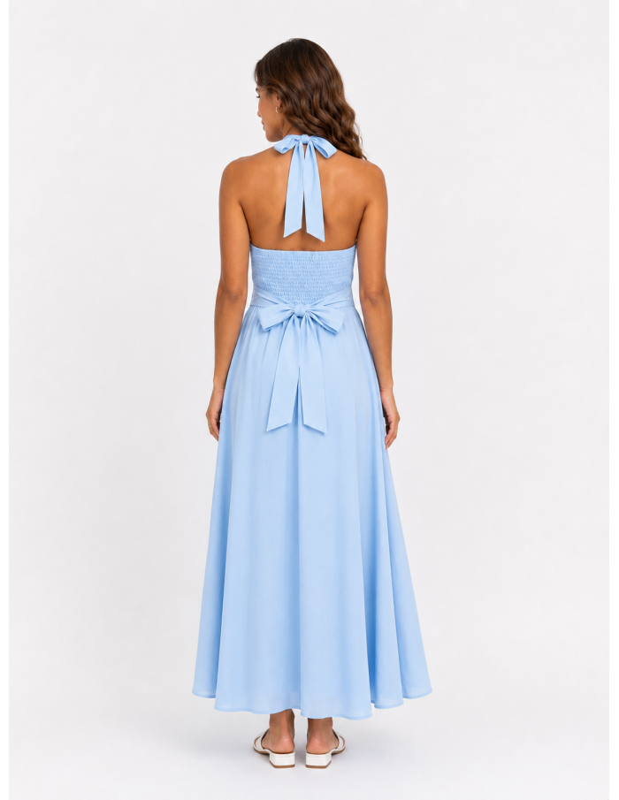 ROBE LONGUE COL V BLEU CIEL- FEMME