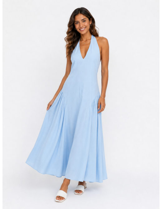ROBE LONGUE COL V BLEU CIEL- FEMME
