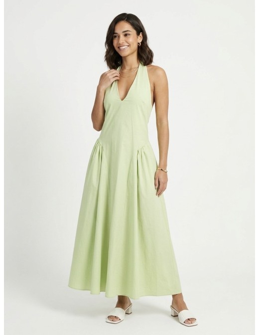 ROBE LONGUE COL V VERT D'EAU - FEMME