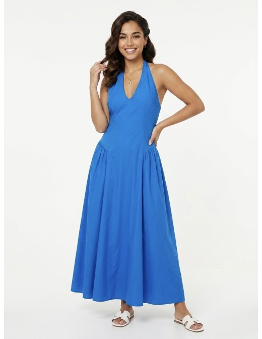 ROBE LONGUE COL V BLEU ÉLÉCTRIQUE - FEMME