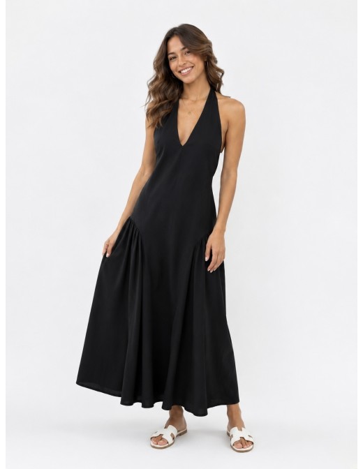 ROBE LONGUE COL V NOIR - FEMME