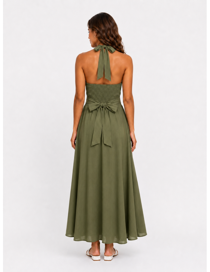ROBE LONGUE COL V KAKI - FEMME