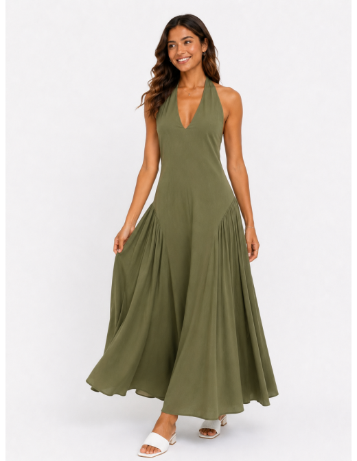 ROBE LONGUE COL V KAKI - FEMME