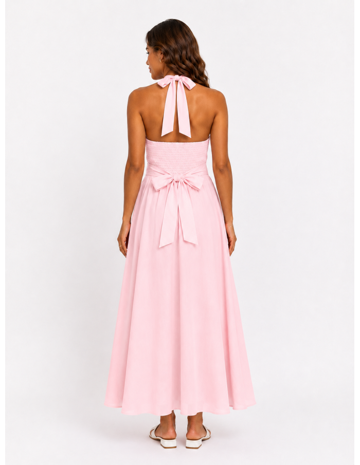 ROBE LONGUE COL V ROSE- FEMME