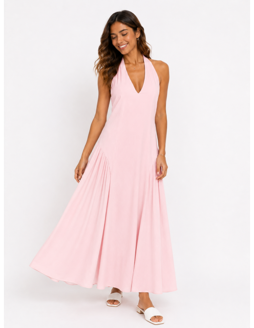 ROBE LONGUE COL V ROSE- FEMME