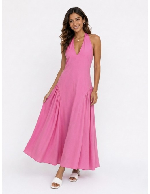 ROBE LONGUE COL V ROSE - FEMME