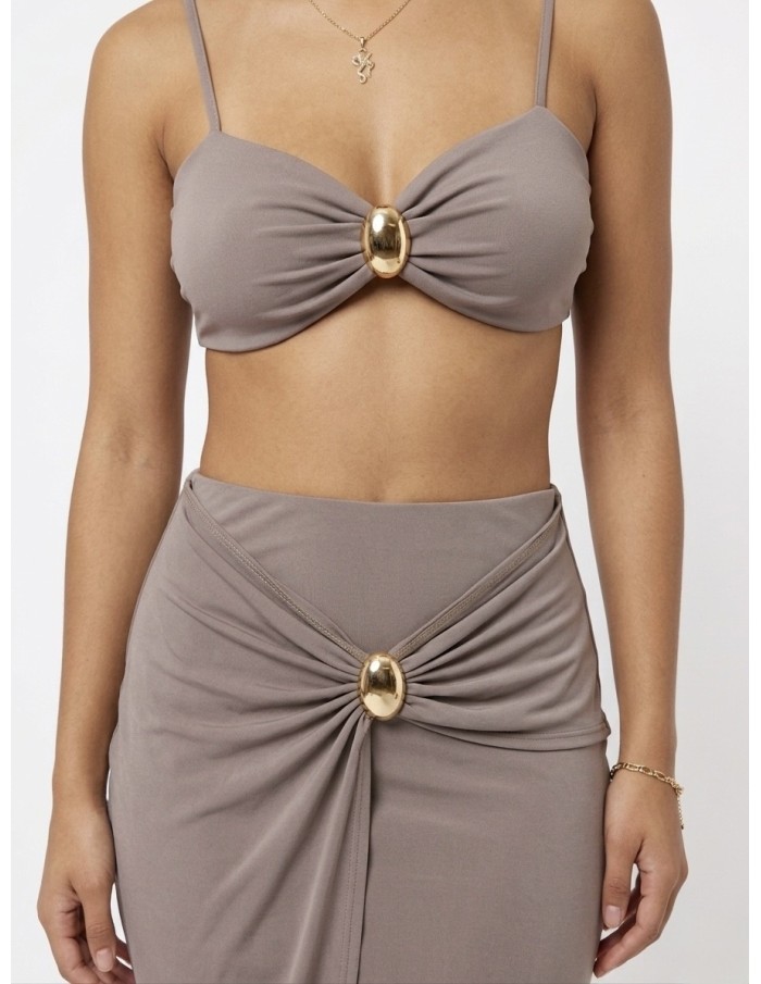 ENSEMBLE JUPE & TOP DÉTAIL DORÉ TAUPE  - FEMME