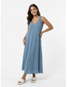 ROBE LONGUE COL V BLEU UNI...