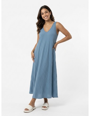 ROBE LONGUE COL V BLEU UNI - FEMME