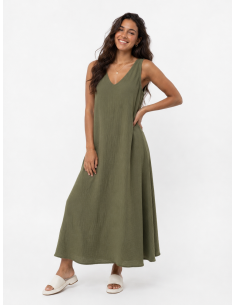 ROBE LONGUE COL V KAKI UNI...