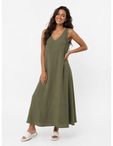 ROBE LONGUE COL V KAKI UNI - FEMME