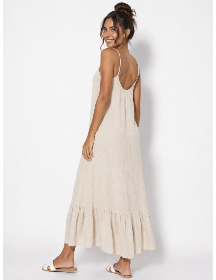 ROBE LONGUE GAZE DE COTON BEIGE - FEMME