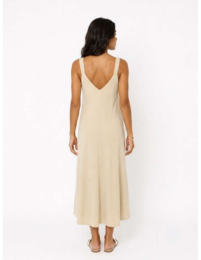 ROBE LONGUE FLUIDE À DÉTAILS DORÉS BEIGE - FEMME