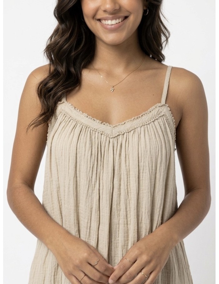 ROBE LONGUE À BRETELLES BEIGE- FEMME